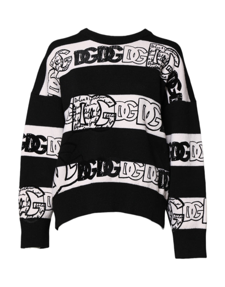 Dolce & Gabbana Black White Logo Print Wool Pullover Sweater