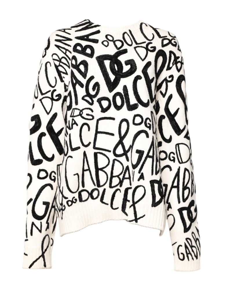Dolce & Gabbana White Black Logo Print Women Pullover Sweater