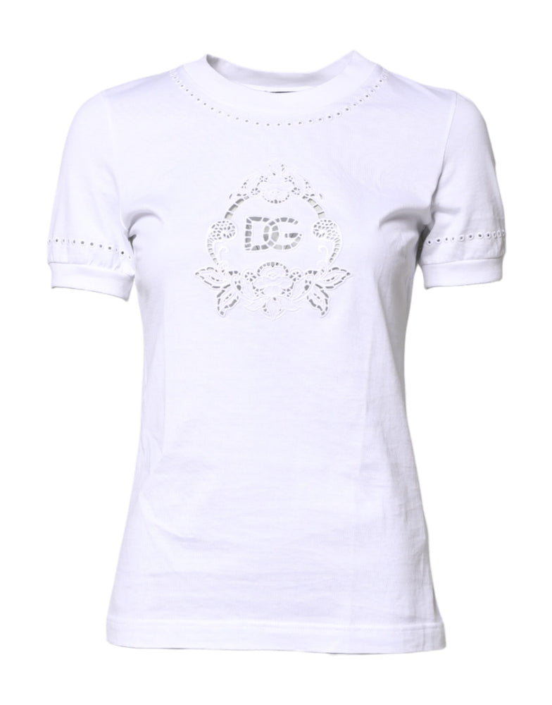Dolce & Gabbana White Cotton Floral Logo Crew Neck T-shirt