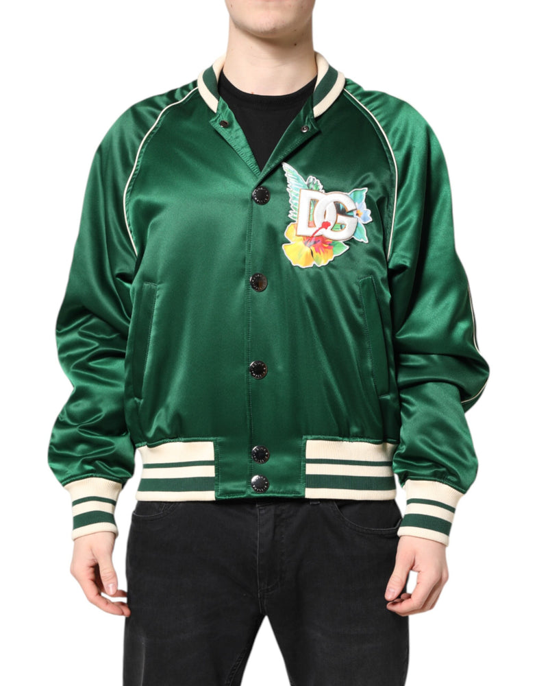 Dolce & Gabbana Green Floral DG Logo Full Zip Bomber Jacket