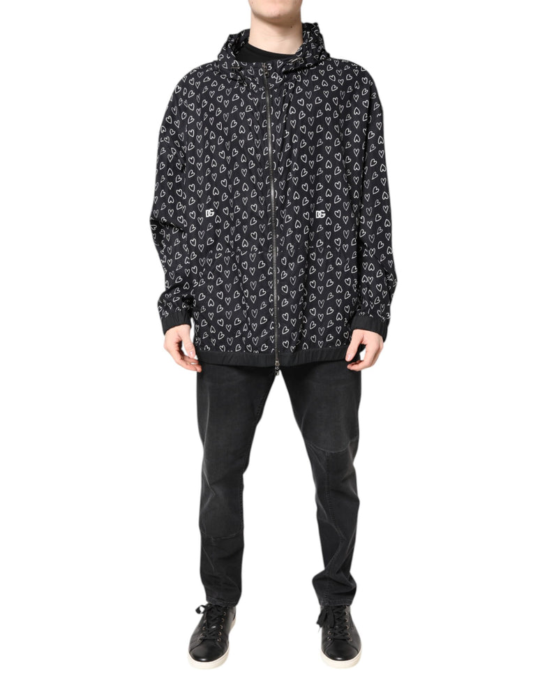 Dolce & Gabbana Black Heart Print Hooded Windbreaker Jacket