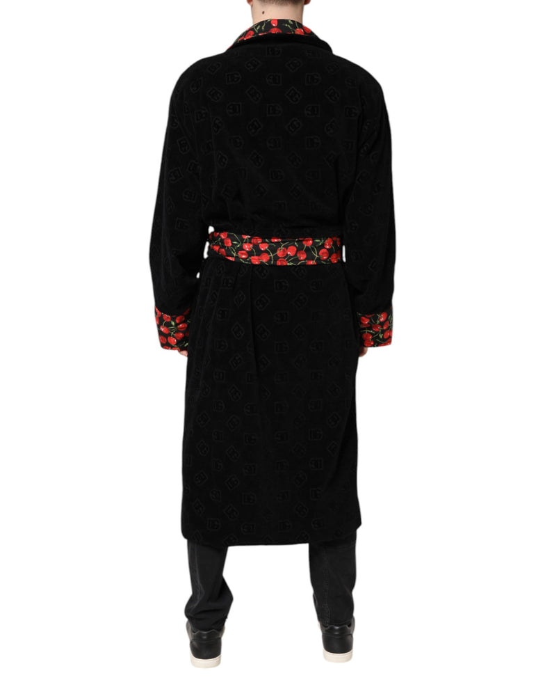 Dolce & Gabbana Black Cherry Print Wrap Robe Men Coat Jacket
