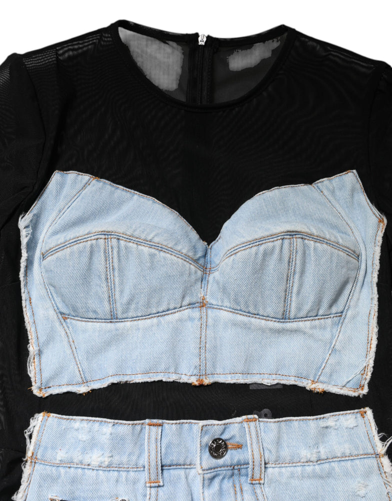 Dolce & Gabbana Black Blue Long Sleeves Denim Mini Dress
