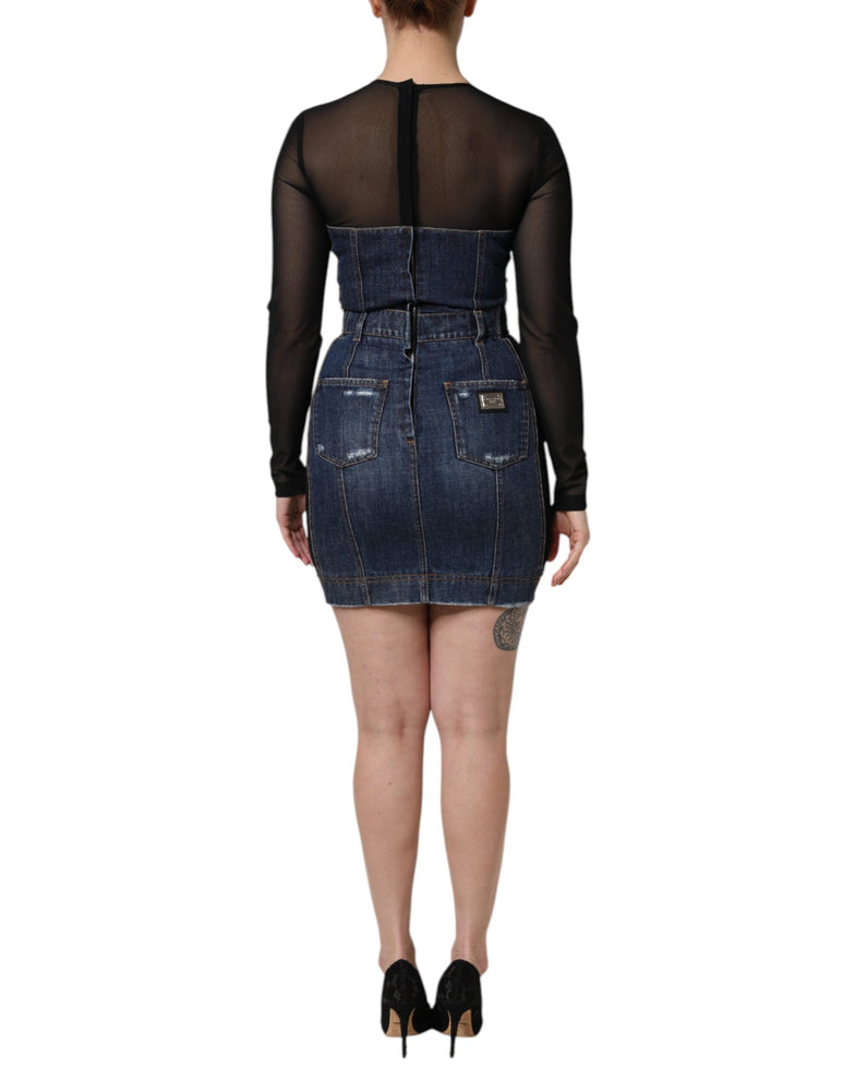 Dolce & Gabbana Black Blue Long Sleeves Denim Mini Dress