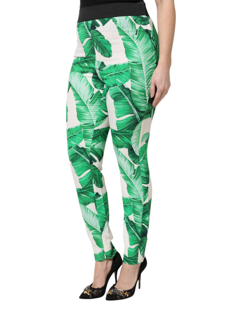 Dolce & Gabbana White Green Leaf High Waist Pants