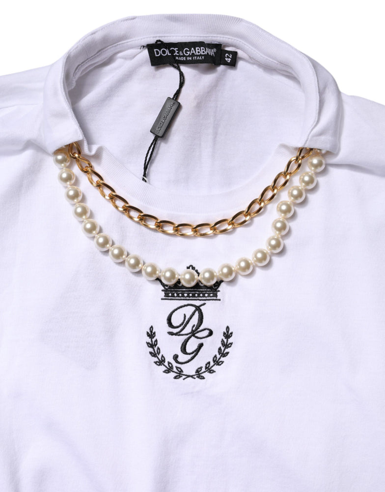 Dolce & Gabbana White Chain Pearl Cotton Round Neck T-shirt