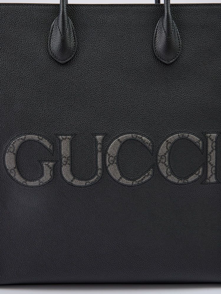 Gucci Black Leather Logo Medium Tote Bag