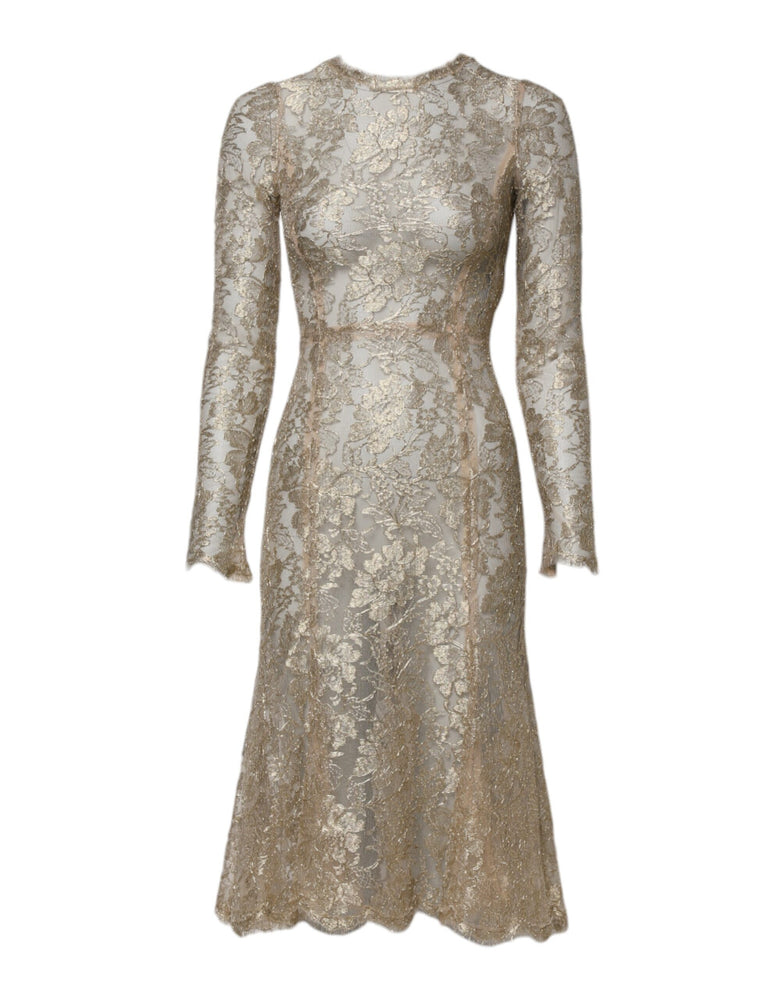 Dolce & Gabbana Gold Floral Lace Long Sleeves Fit & Flare Dress