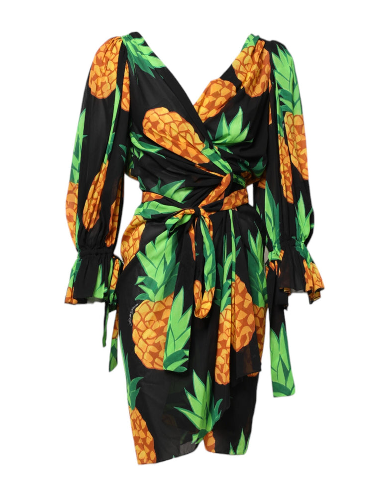 Dolce & Gabbana Black Pineapple Print Silk Wrap Mini Dress