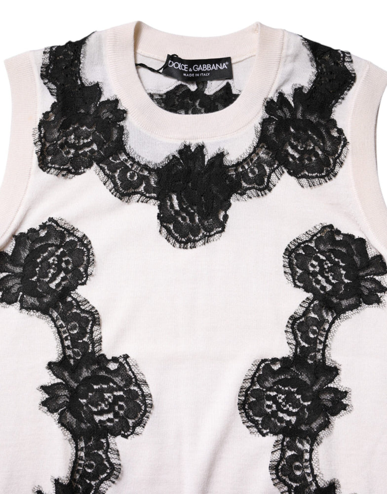Dolce & Gabbana White Cashmere Floral Lace Detailing Tank Top