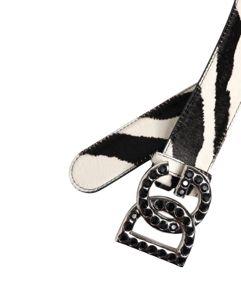 Dolce & Gabbana White Black Leather Zebra DG Crystal Buckle Belt