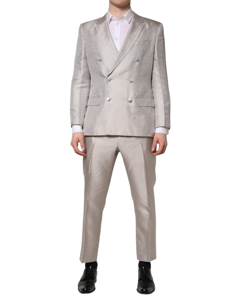 Dolce & Gabbana Light Gray Jacquard Silk Dotted 2 Piece Suit