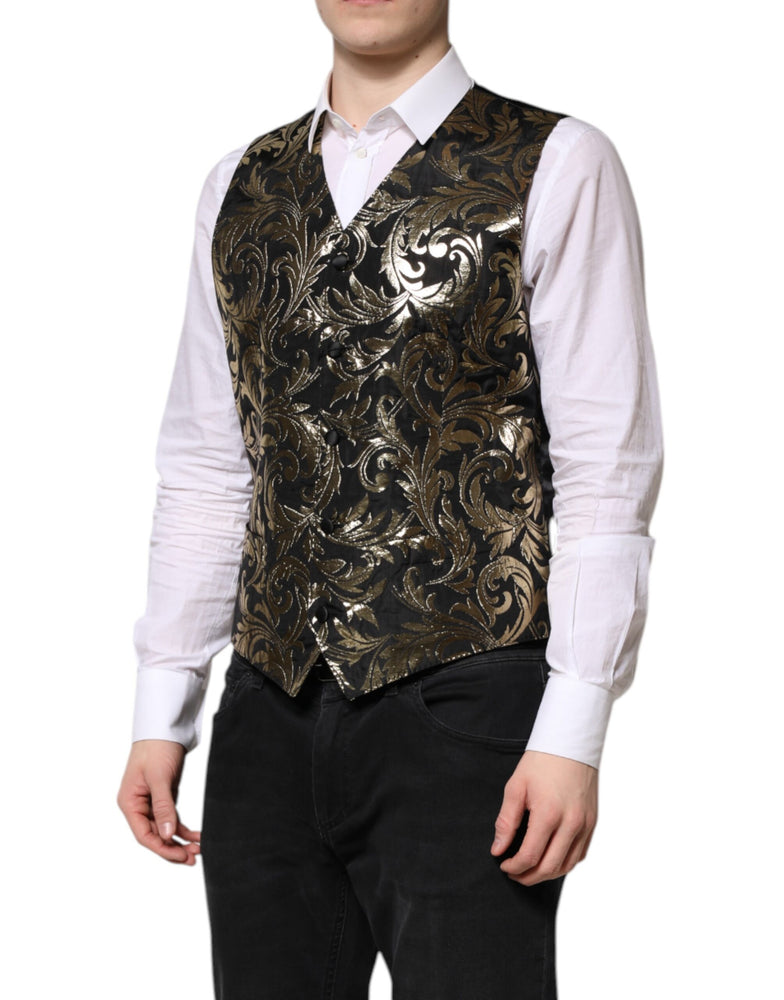 Dolce & Gabbana Black Gold Jacquard Formal Men Waistcoat Vest