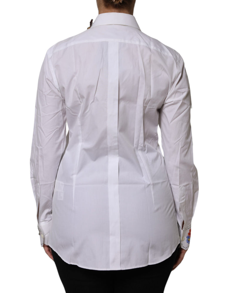 Dolce & Gabbana White Cotton Floral Embellished Shirt Top