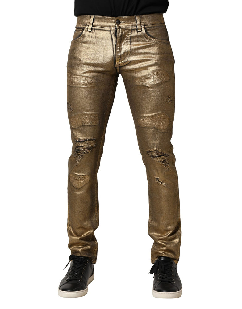 Dolce & Gabbana Gold Tattered Cotton Stretch Slim Denim Jeans