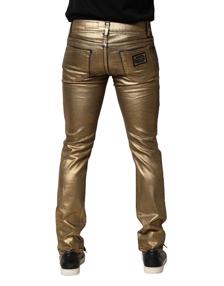 Dolce & Gabbana Gold Tattered Cotton Stretch Slim Denim Jeans