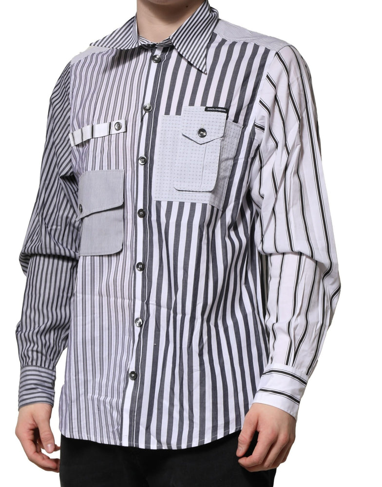 Dolce & Gabbana White Gray Striped Cotton Men Casual Shirt