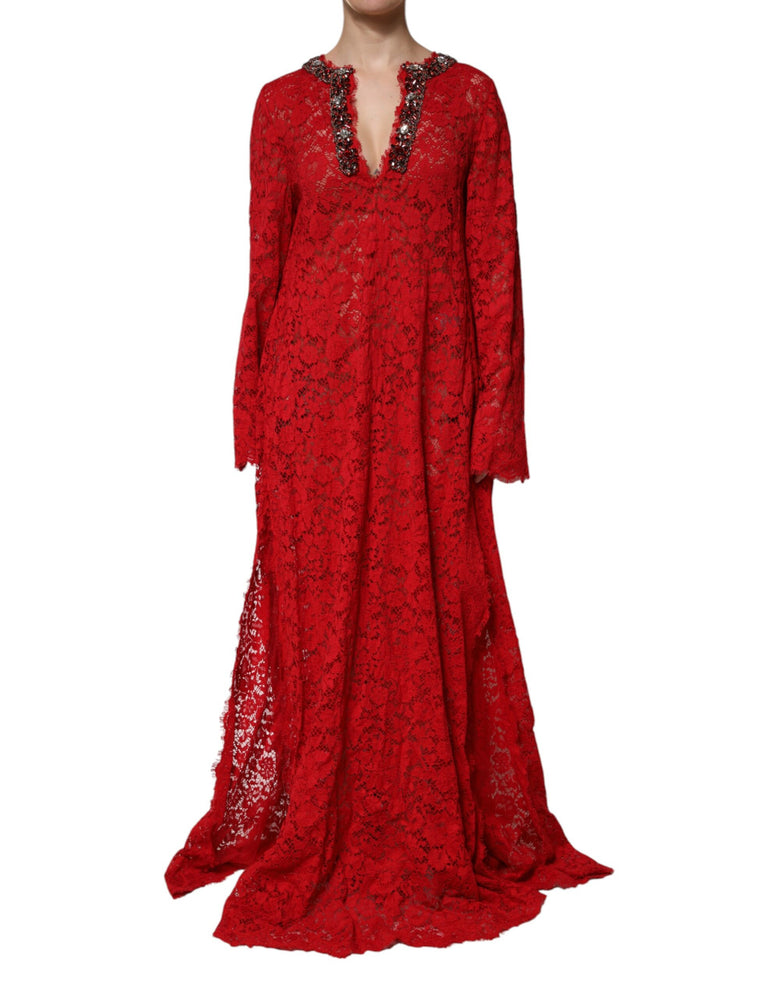 Dolce & Gabbana Red Floral Lace Rhinestone Embellished Dress