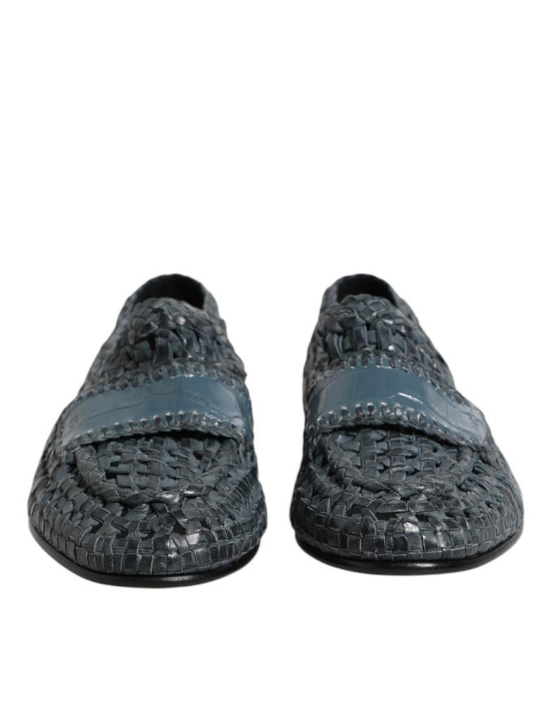 Dolce & Gabbana Blue Woven Leather Slip On Loafers Shoes