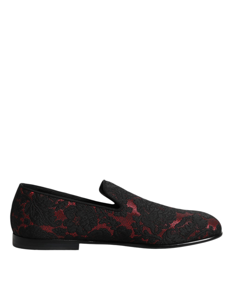 Dolce & Gabbana Red Black Jacquard Slip On Loafers Shoes
