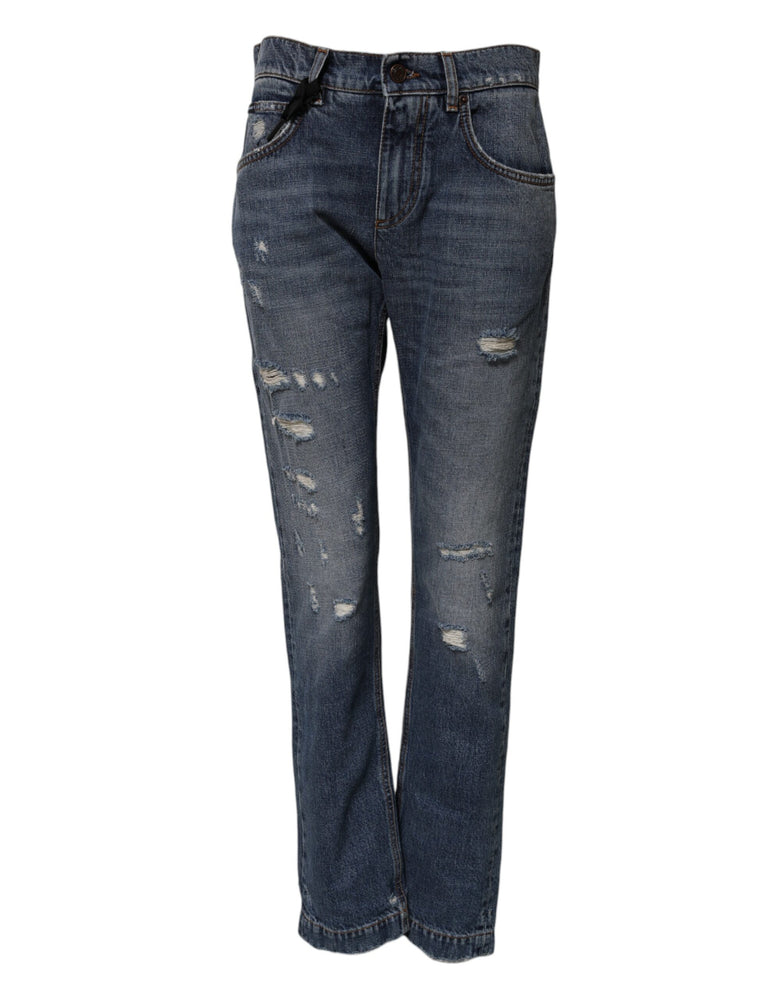 Dolce & Gabbana Blue Cotton Tattered Boyfriend Denim Jeans