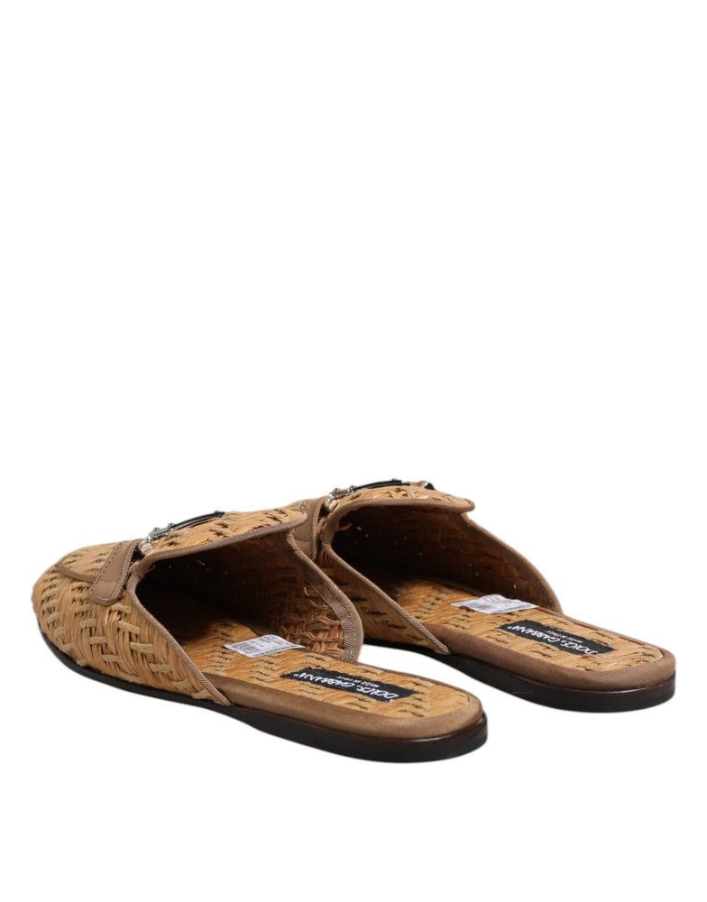 Dolce & Gabbana Beige Rattan Flat Mule Men Sandals Shoes