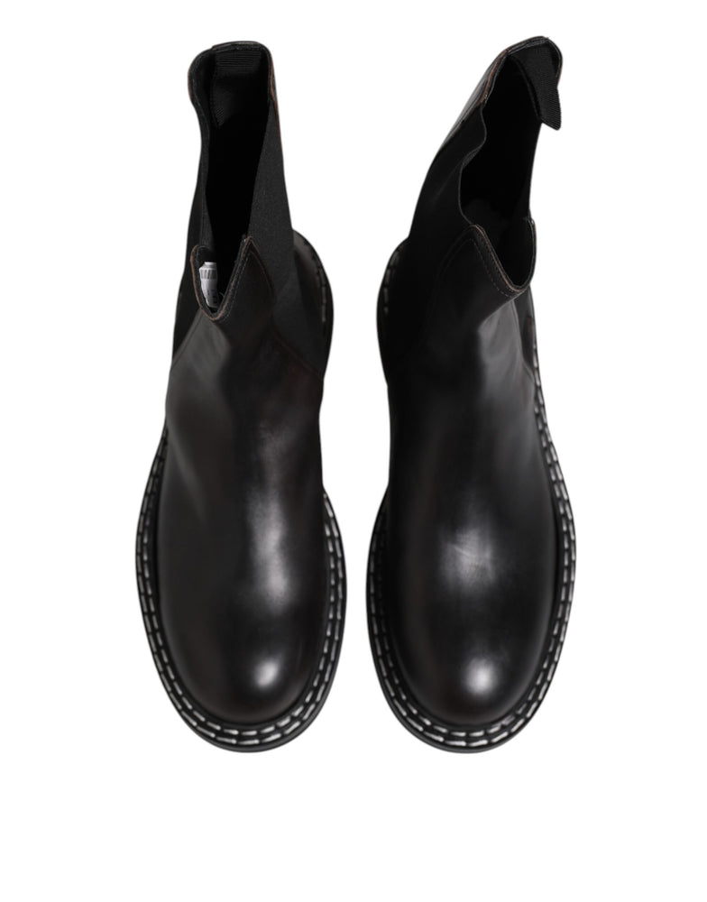 Dolce & Gabbana Black Leather Mid Calf Boots Flats Shoes
