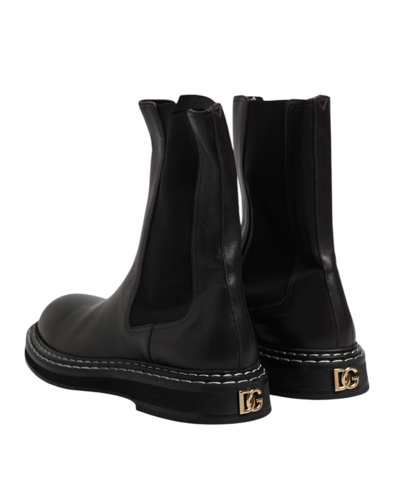 Dolce & Gabbana Black Leather Mid Calf Boots Flats Shoes