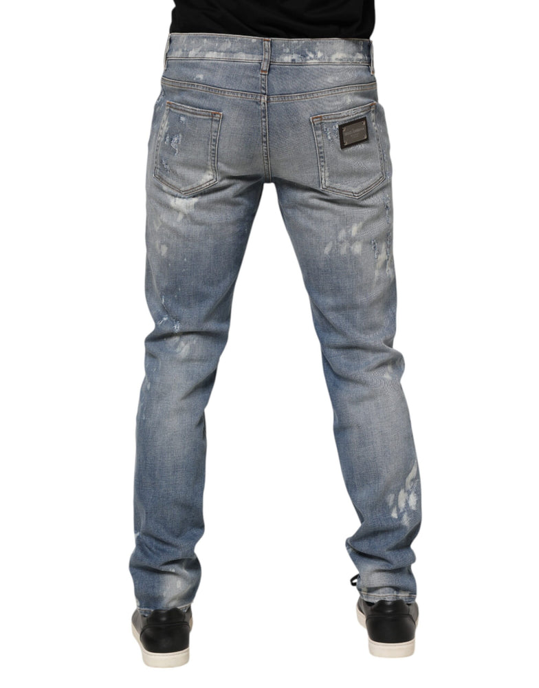 Dolce & Gabbana Blue Cotton Tattered Slim Fit Men Denim Jeans