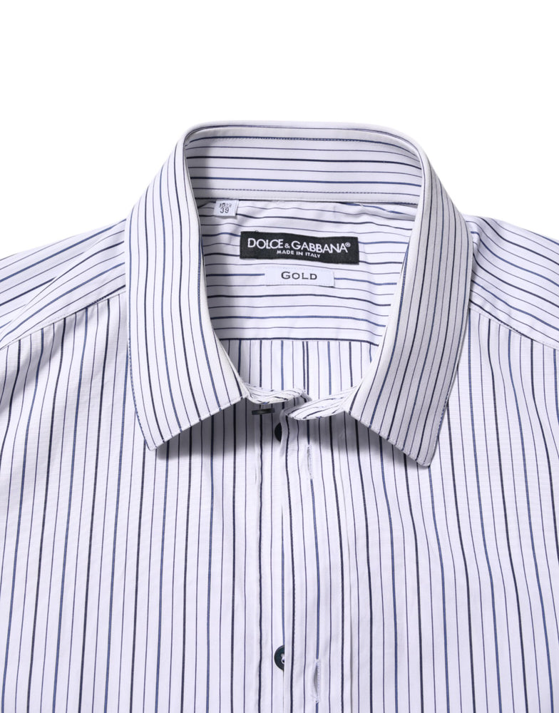 Dolce & Gabbana White Blue Striped Cotton GOLD Formal Shirt