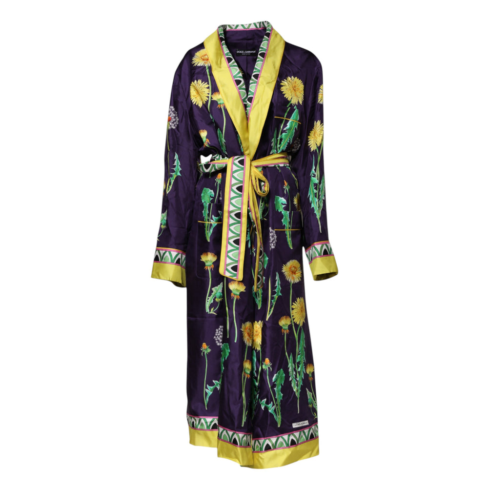 Dolce & Gabbana Blue Floral Print Silk Long Sleeves Wrap Robe