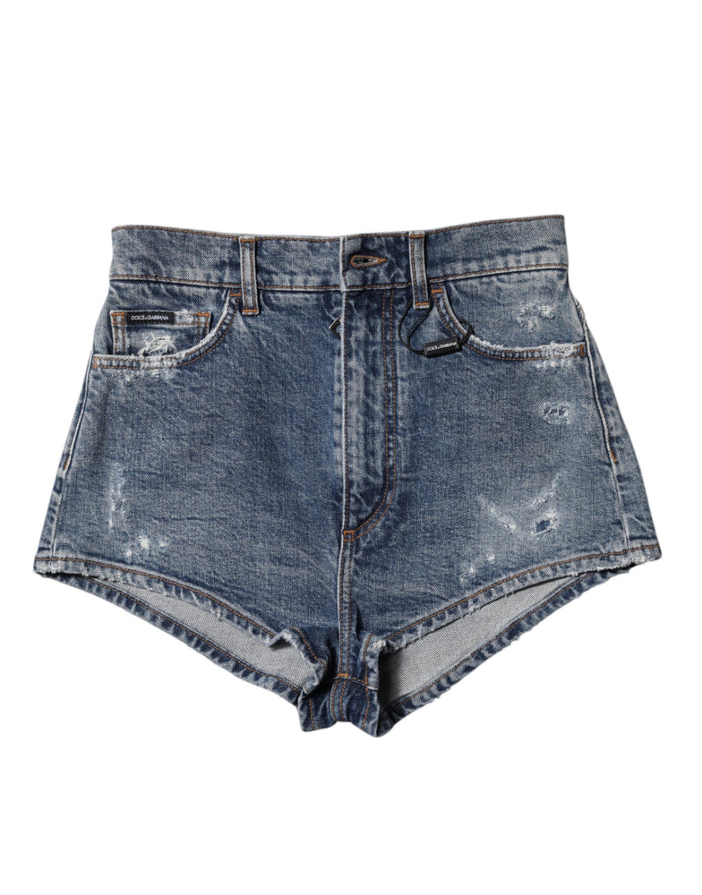 Dolce & Gabbana Blue Tattered Denim Cotton Hot Pants Shorts