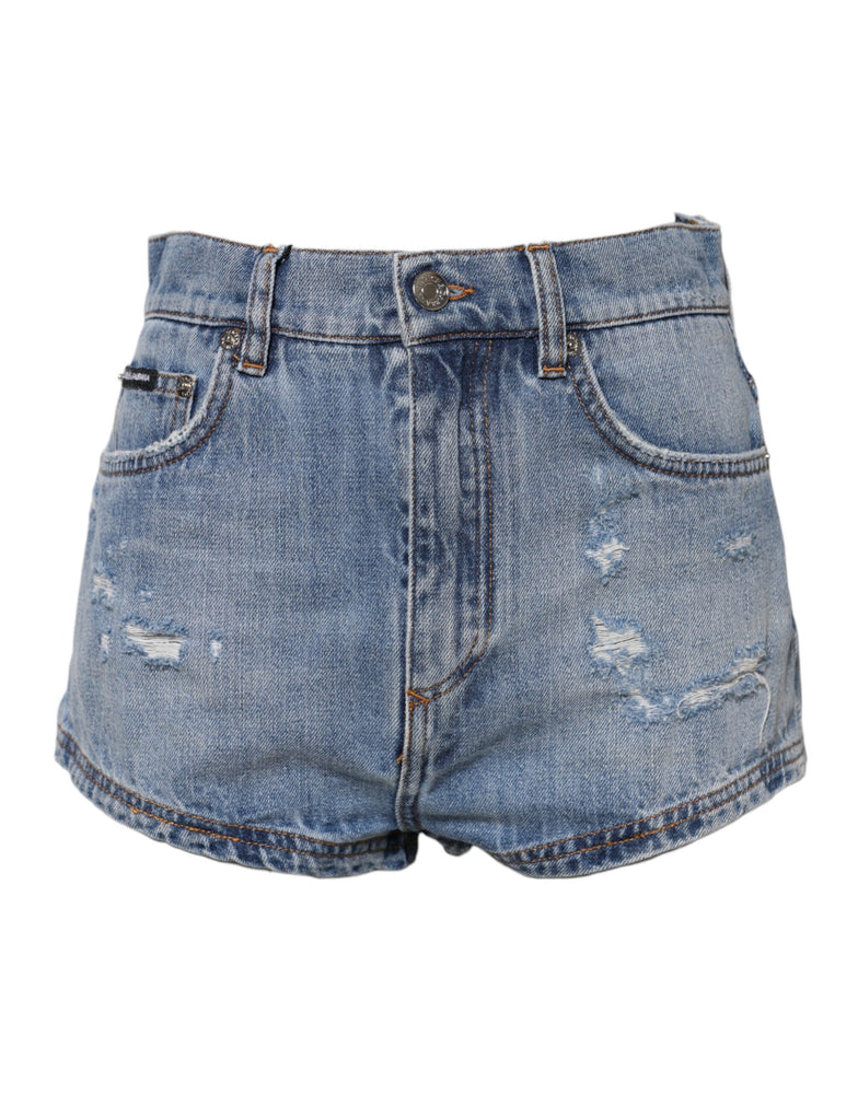 Dolce & Gabbana Blue Logo Plaque Denim Cotton Hot Pants Shorts