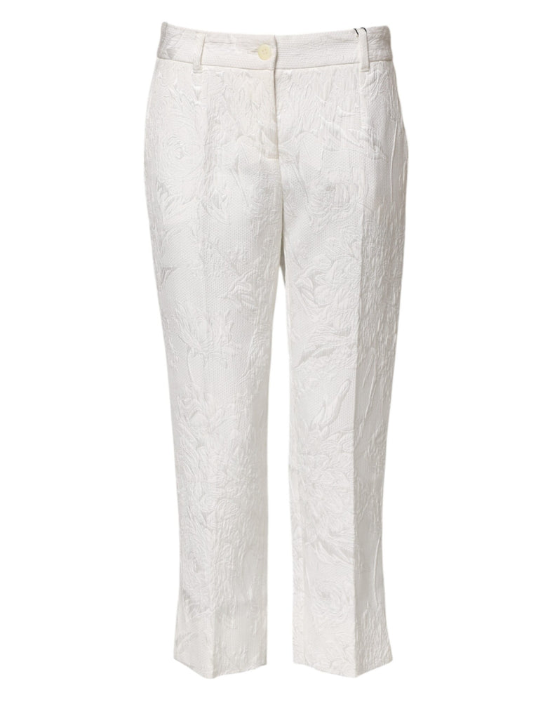Dolce & Gabbana White Cotton Floral Jacquard Pants