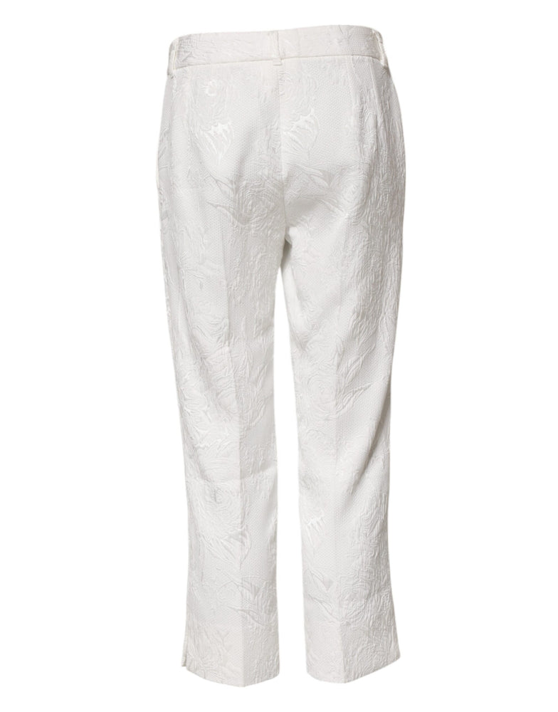 Dolce & Gabbana White Cotton Floral Jacquard Pants