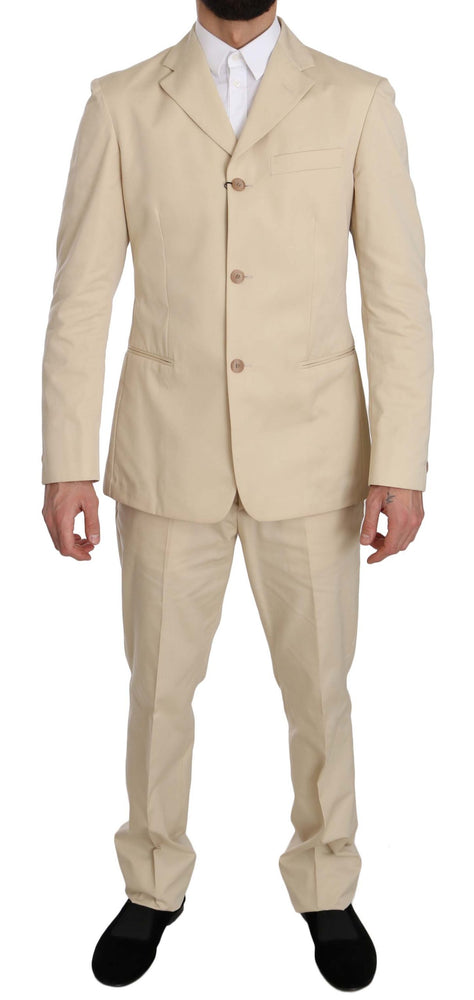 Romeo Gigli Two Piece 3 Button Beige Cotton Solid Suit