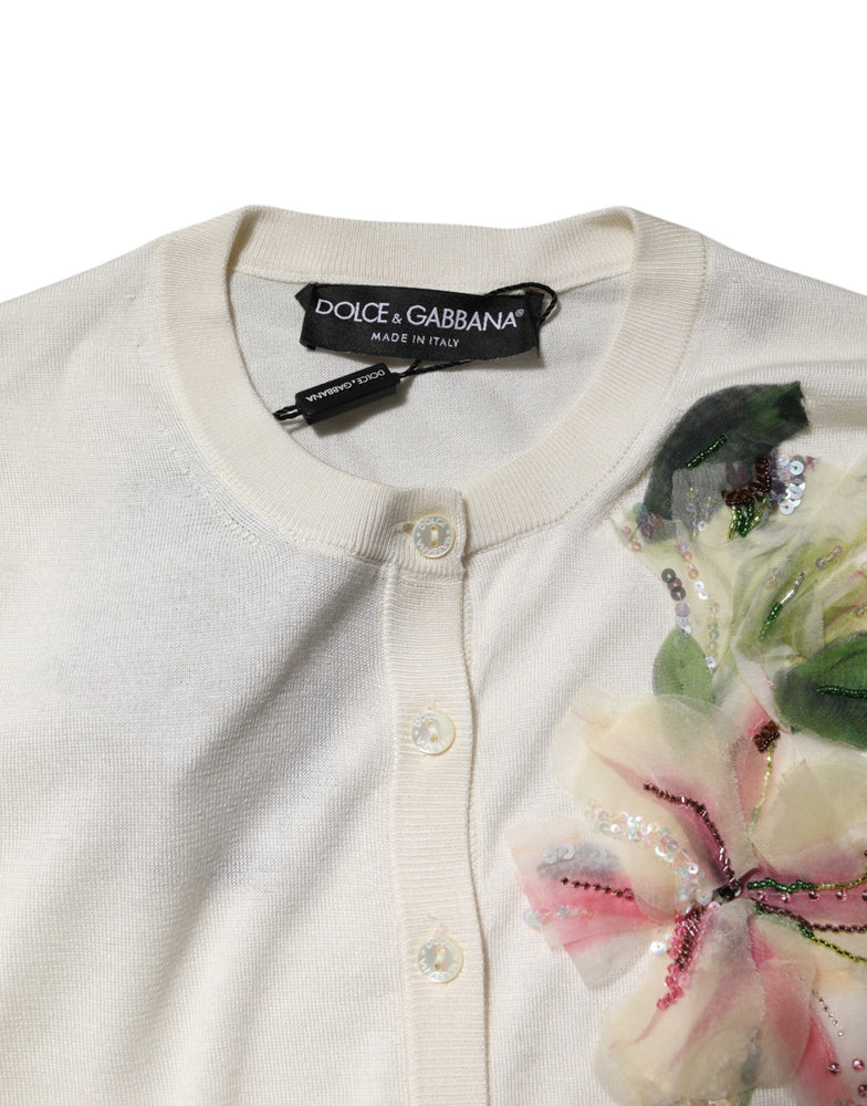 Dolce & Gabbana White Silk Lily Buttoned Cardigan Sweater