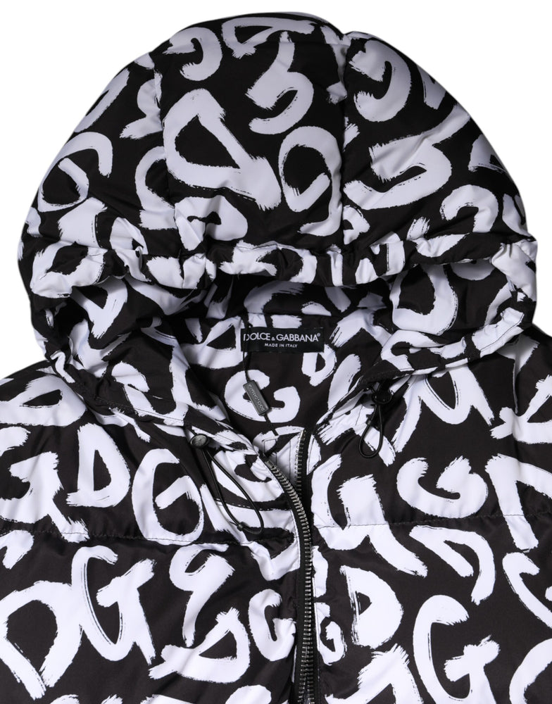 Dolce & Gabbana Black White DG Mania Hooded Long Coat Jacket
