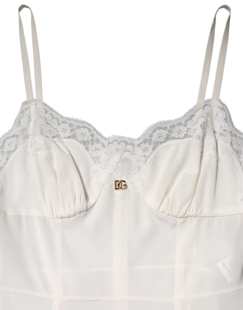Dolce & Gabbana White Lace DG Logo Silk Dress Sleepwear