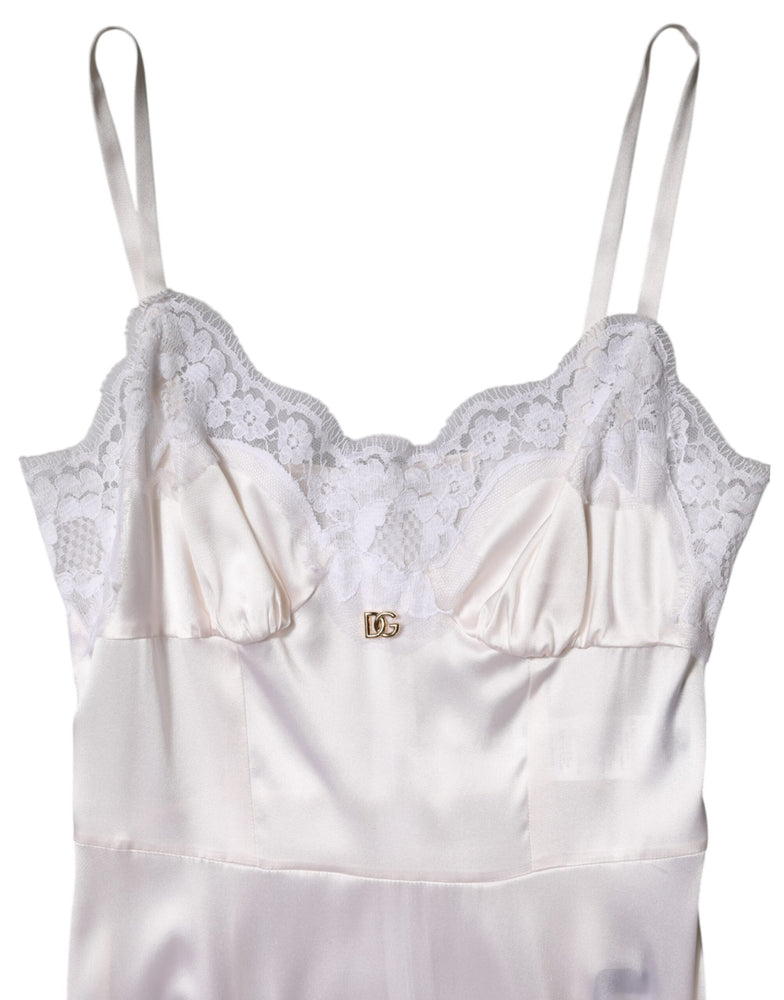 Dolce & Gabbana White Lace Gold DG Logo Silk Dress Sleepwear