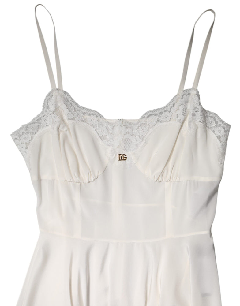 Dolce & Gabbana White Lace Gold DG Logo Silk Dress Sleepwear