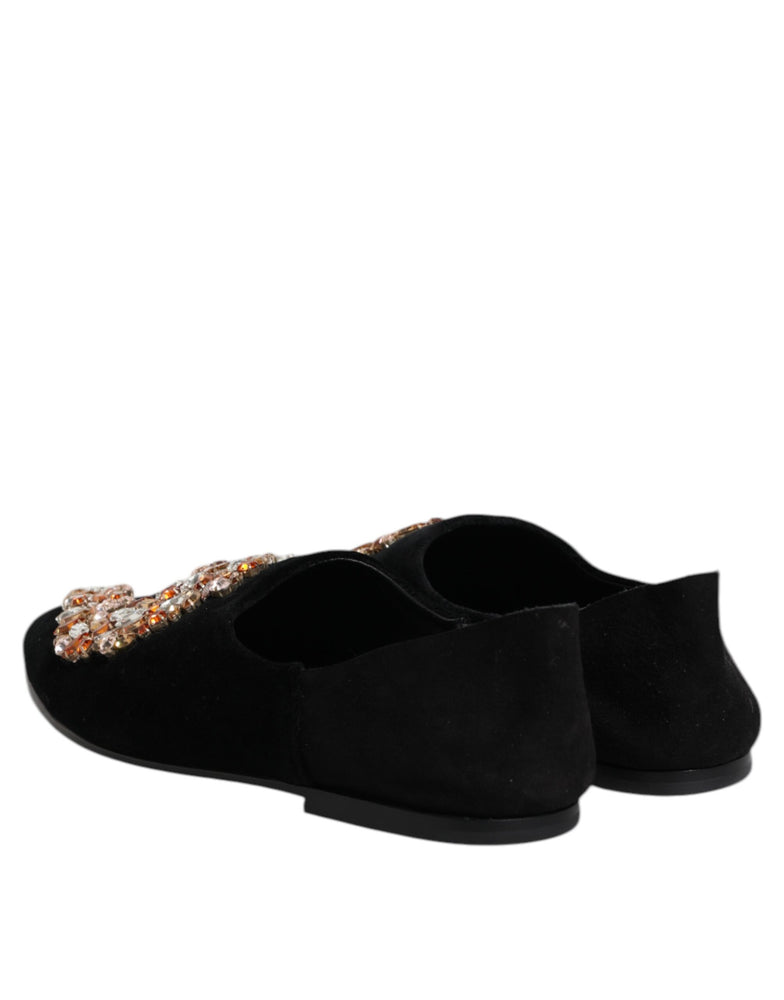 Dolce & Gabbana Black Velvet Embellished Loafer Slip On Shoes