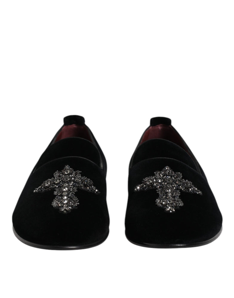 Dolce & Gabbana Black Velvet Embellished Loafer Slip On Shoes