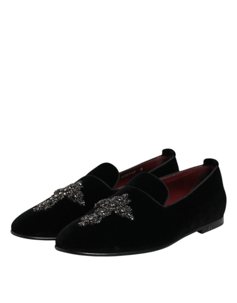Dolce & Gabbana Black Velvet Embellished Loafer Slip On Shoes