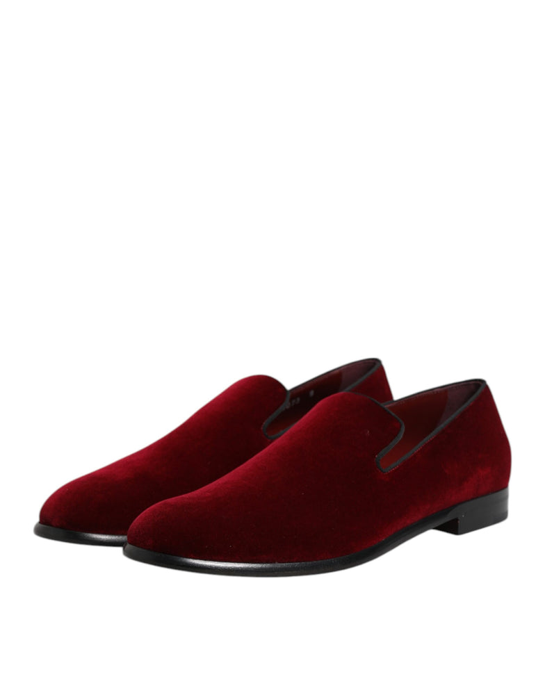 Dolce & Gabbana Red Cotton Velvet Slip On Loafers Formal Shoes