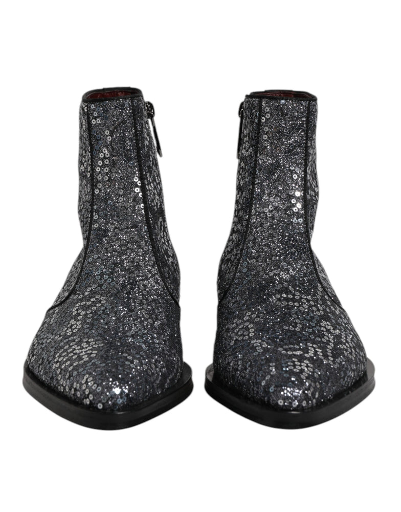 Dolce & Gabbana Dark Gray Cotton Sequined Chelsea Boots Shoes