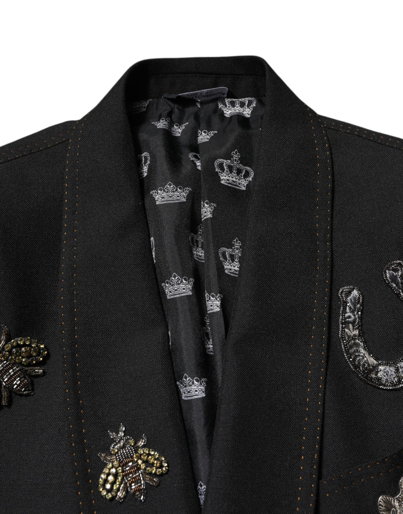 Dolce & Gabbana Black Bee Crown Embellished Suit Coat Blazer