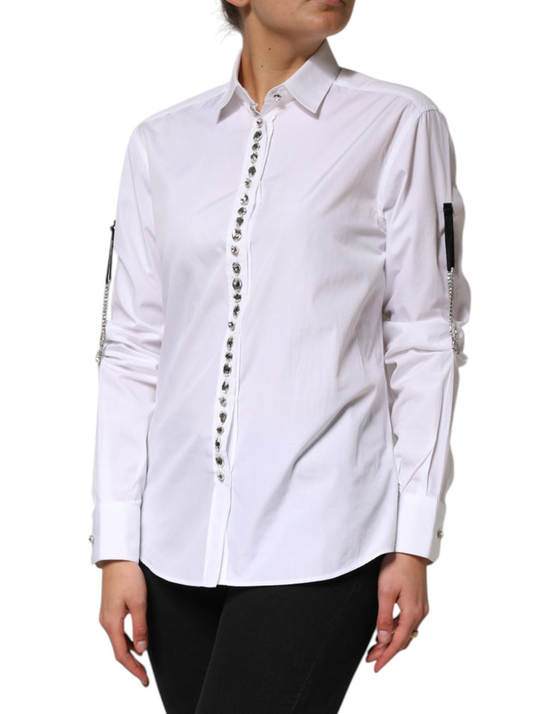 Dolce & Gabbana White Crystal Embellished Collared Shirt Top