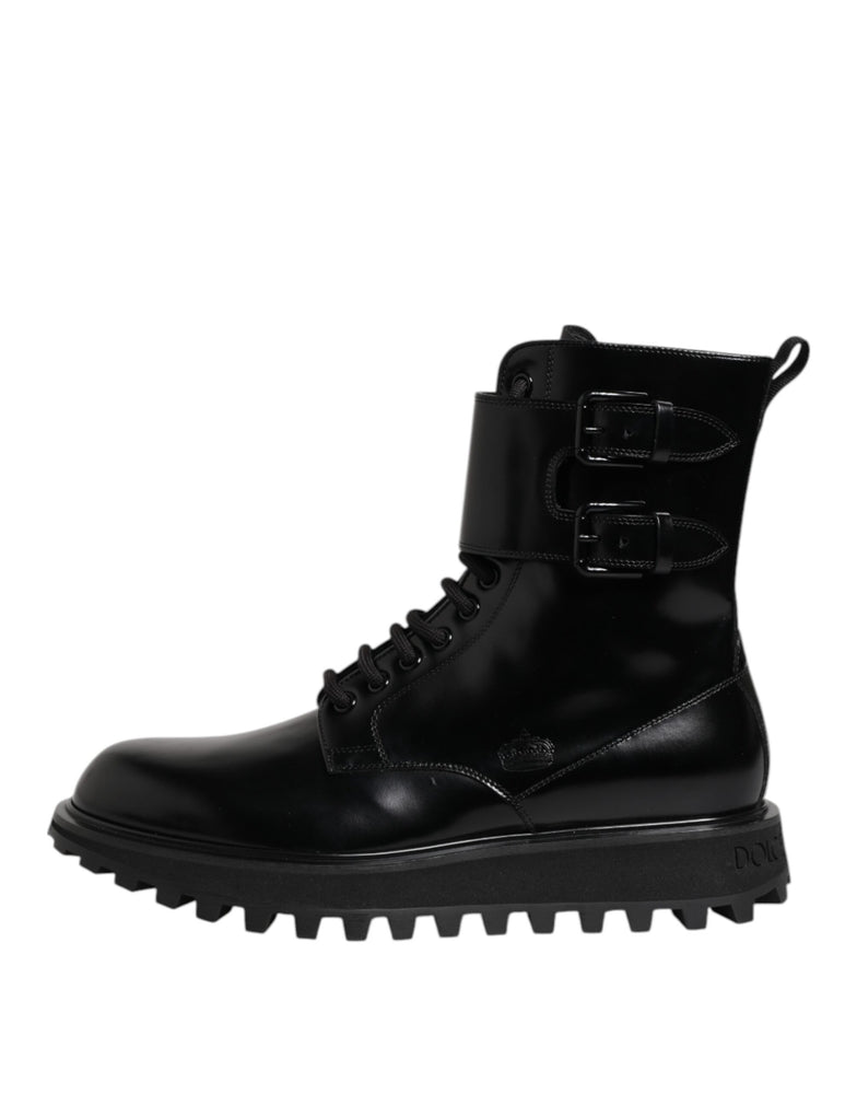 Dolce & Gabbana Black Leather Lace Up Mid Calf Boots Shoes
