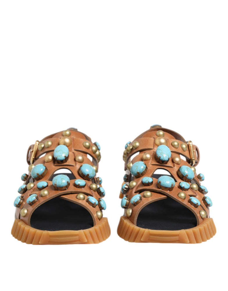 Dolce & Gabbana Brown Leather Studded Slides Sandals Shoes